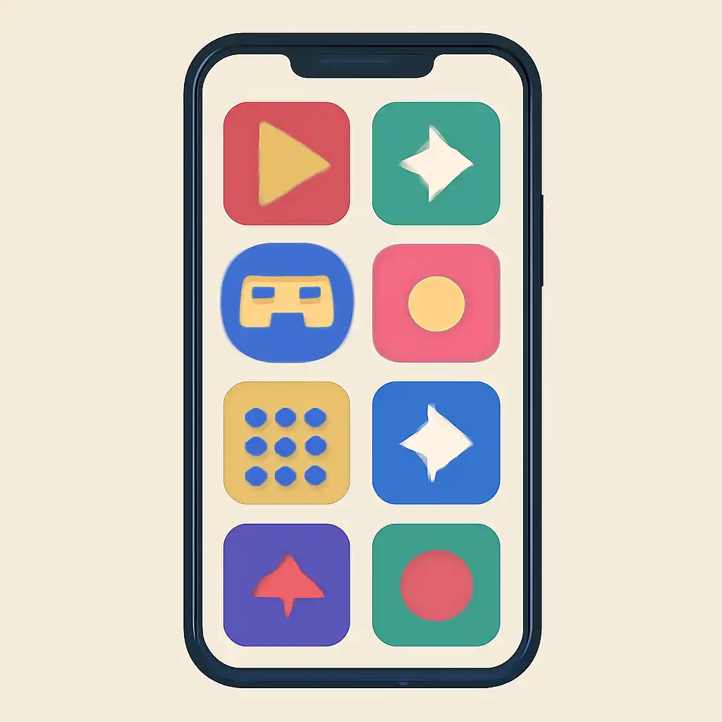 Smartphone shown from the front displaying a colourful flat layout of abstract game icons and rounded tiles (no text, no letters, no labels), Big Daddy Game