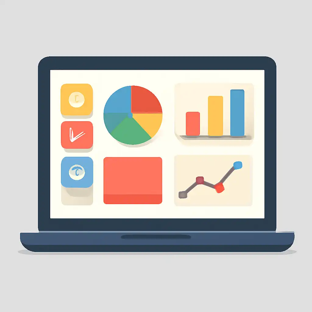 Laptop shown from the front displaying a colourful flat dashboard of abstract charts, bars and icon tiles (no text, no letters, no labels), Big Daddy Game