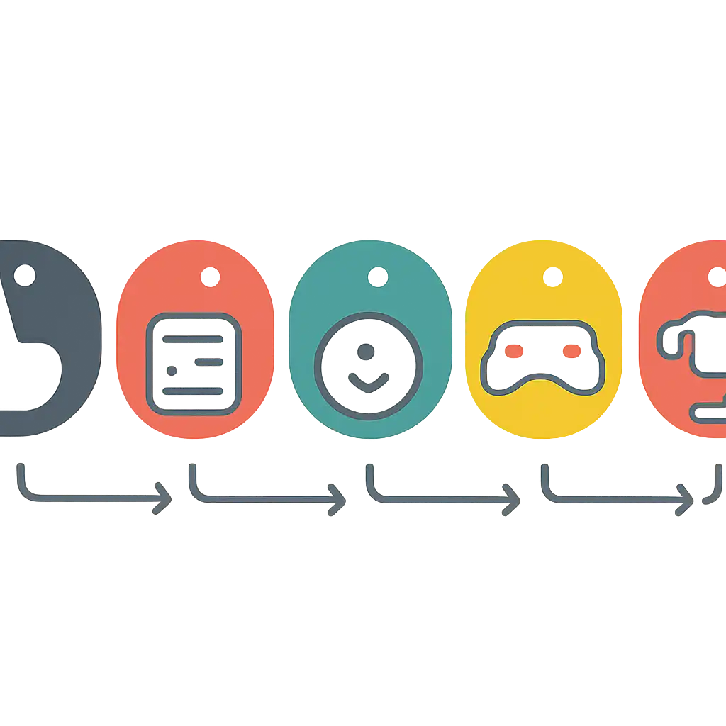 Five numbered circular icons connected by arrows in a horizontal flow, flat illustration, icons only, no words, Big Daddy Game steps